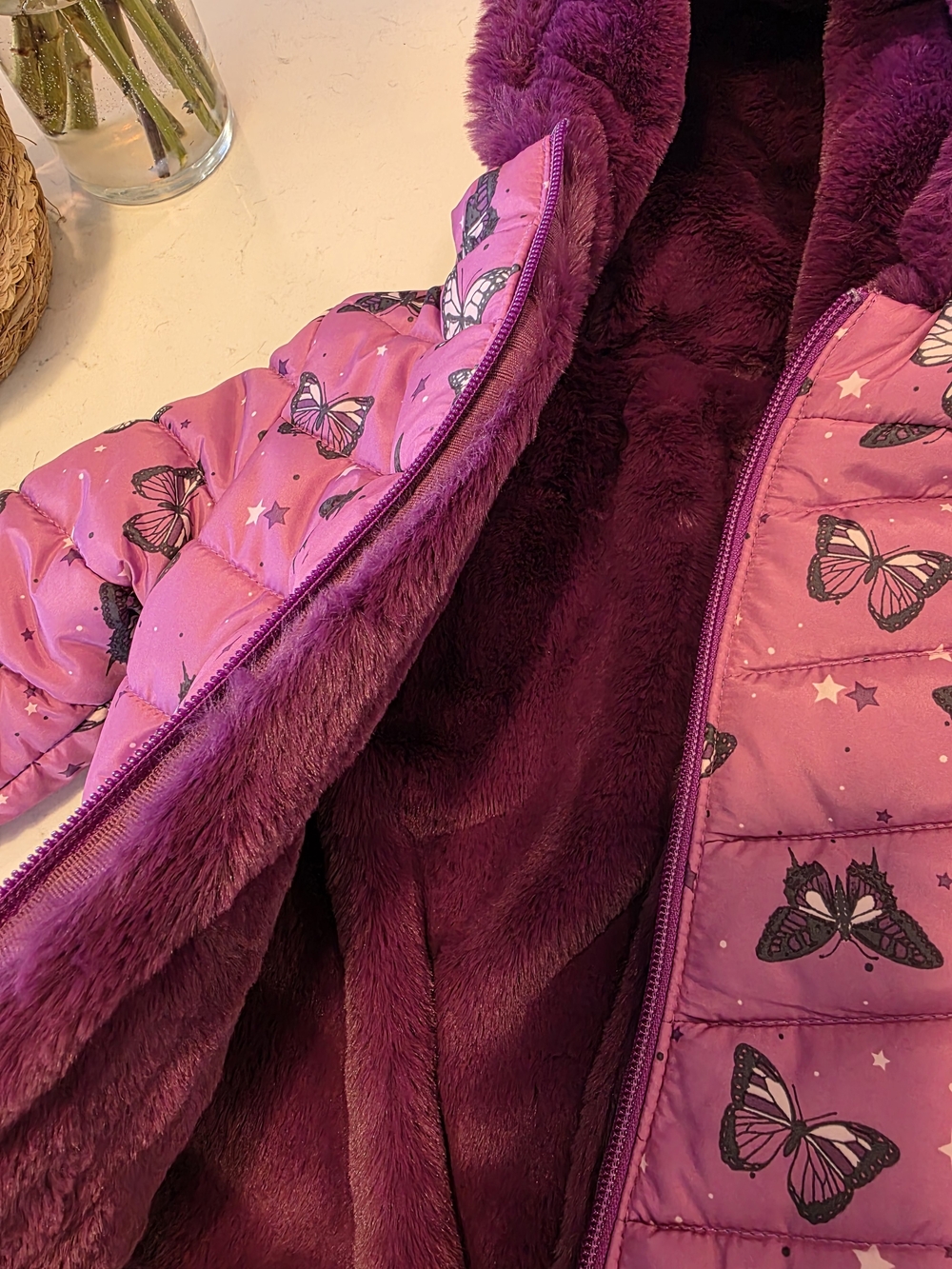 Falls Creek Kids Girls Butterfly Puffer Jacket 18M NWT Faux Fur Lined Hooded Pur - Picture 2 of 4